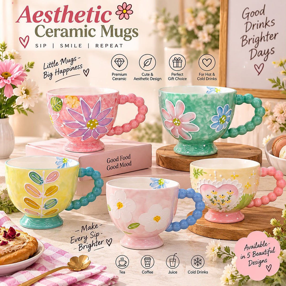 floral ceramic pedestal coffee mug, ceramic mug with beaded handle, pedestal coffee mug, floral tea and coffee cup, aesthetic ceramic mug, flower design coffee mug, beaded handle tea cup, raised base ceramic mug, cute floral coffee cup, decorative ceramic drinkware, aesthetic coffee mugs Pakistan, floral ceramic mug Pakistan, pedestal coffee cup Pakistan, beaded handle mug Pakistan, cute ceramic mugs online Pakistan, unique tea cups Pakistan, cottagecore coffee mug, aesthetic chai cup, ceramic coffee mug gi