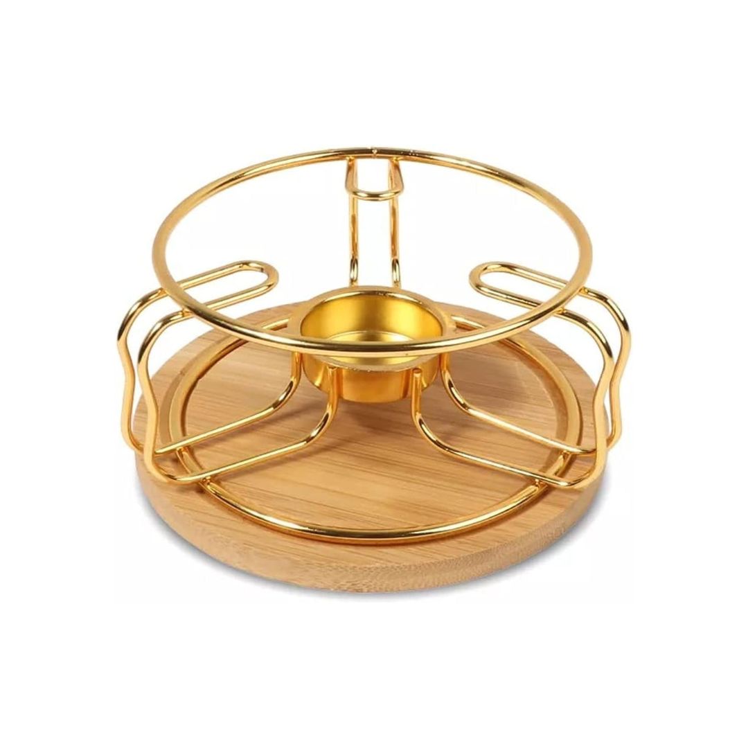 Gold Colour Food Warmer Stand With Bamboo Base & Free Candle - Home Hatch