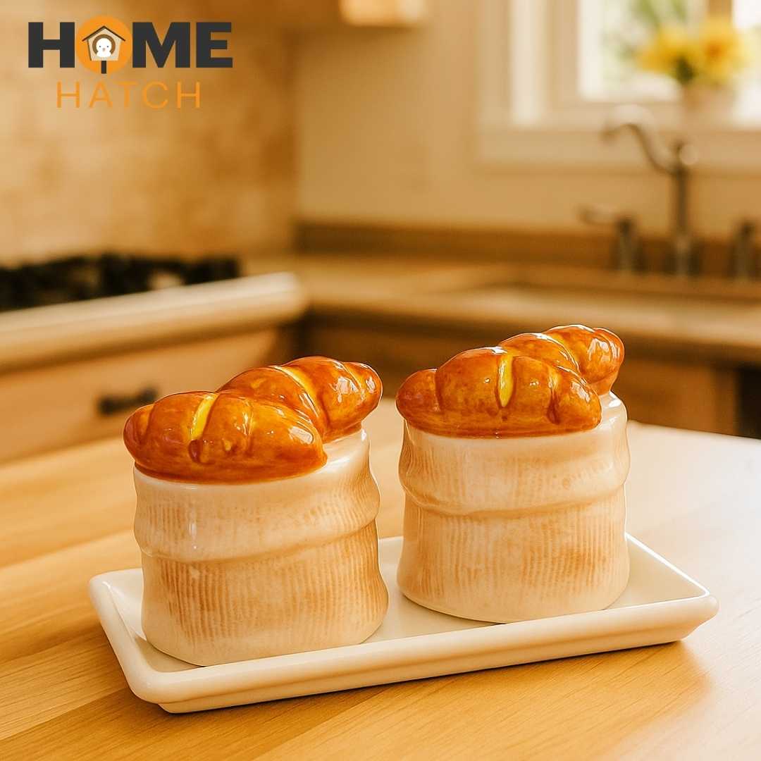 کھانے کی میز کے لیے ٹرے کے ساتھ فوڈ ڈیزائن نمک اور مرچ شیکرز | باورچی خانے کے لوازمات