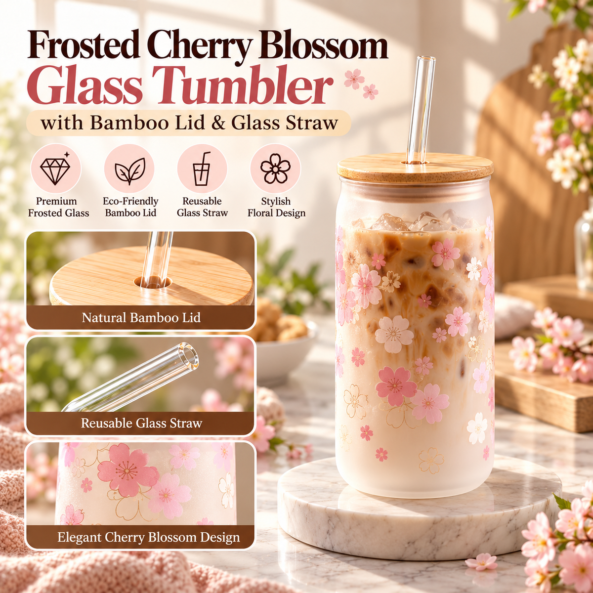 frosted cherry blossom glass tumbler, cherry blossom glass cup, floral glass tumbler, frosted glass tumbler with bamboo lid, glass tumbler with glass straw, cherry blossom iced coffee cup, aesthetic iced coffee glass, reusable glass drinking cup, floral printed glass tumbler, bamboo lid glass cup, frosted floral drinking glass, reusable iced coffee tumbler, cute glass tumbler Pakistan, aesthetic glass cups Pakistan, glass tumbler with straw Pakistan, iced coffee cup Pakistan, cherry blossom tumbler Pakistan