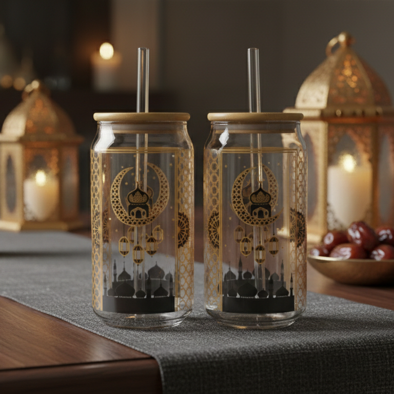 Ramzan Themed Glass Tumbler with Bamboo Lid & Straw