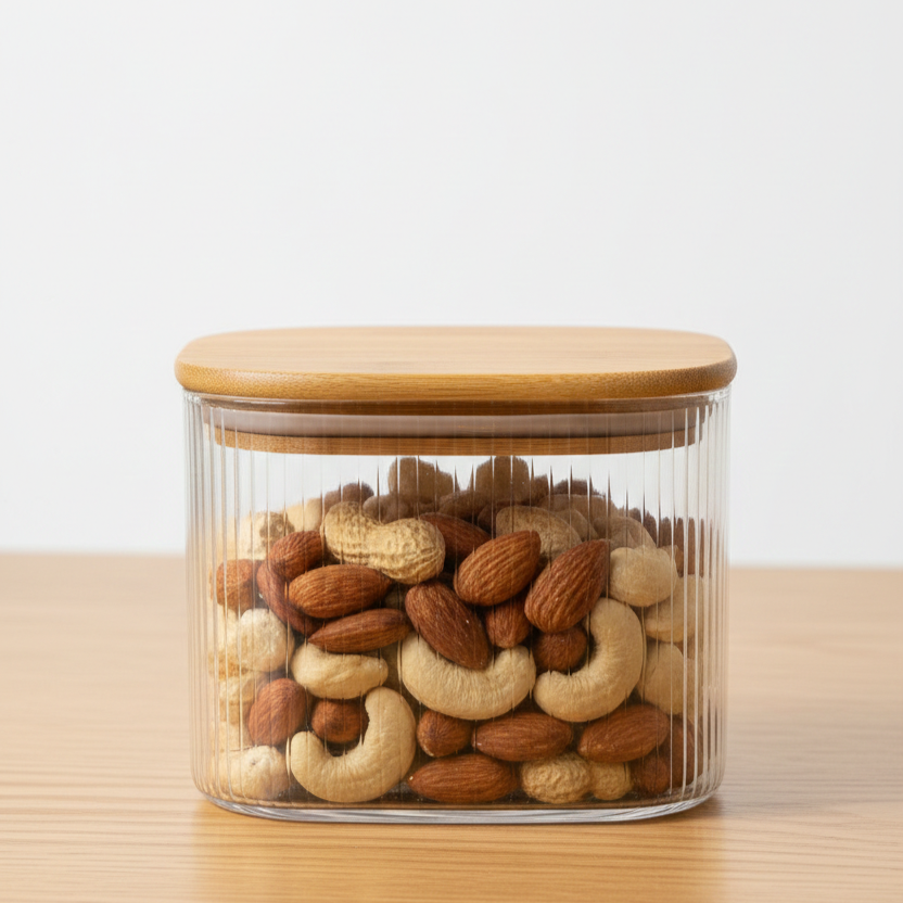 Square Ribbed Wooden Bamboo Lid Glass Storage Jars
