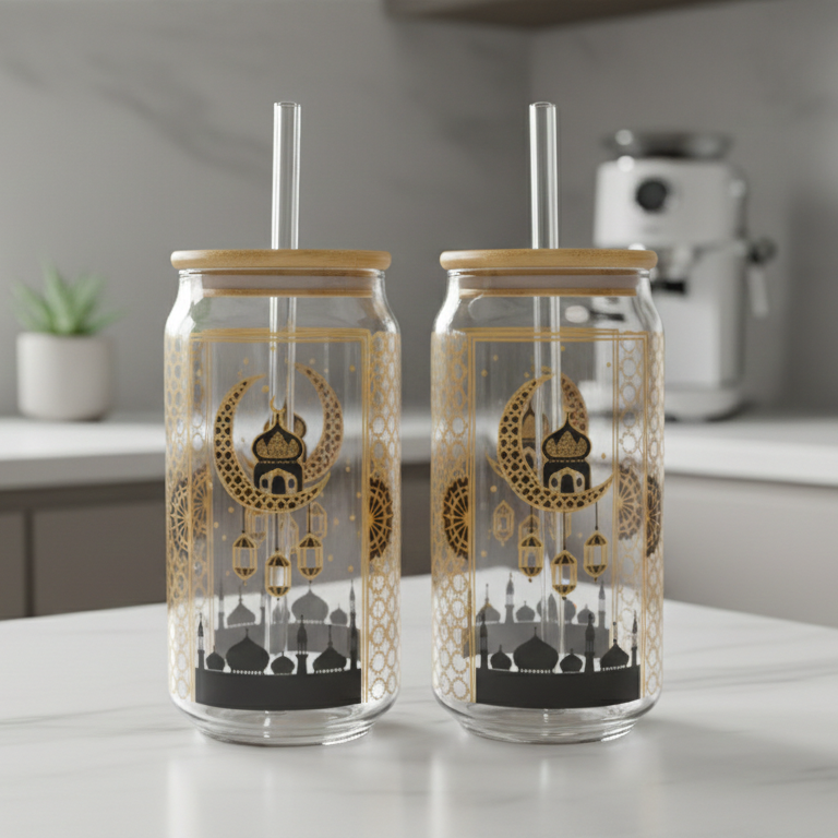 Ramzan Themed Glass Tumbler with Bamboo Lid & Straw