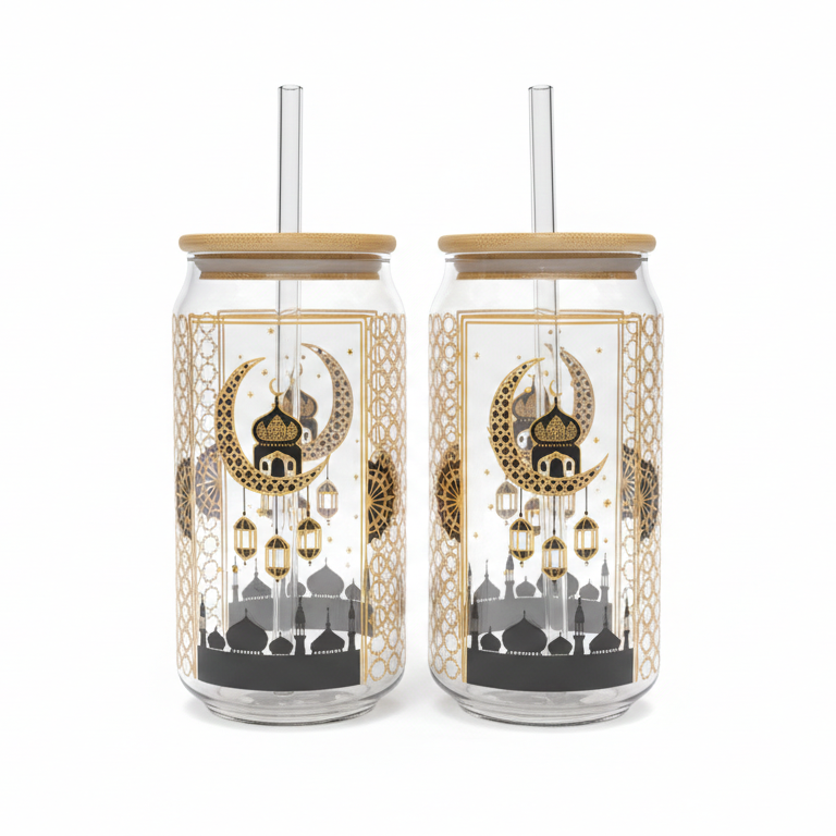 Ramzan Themed Glass Tumbler with Bamboo Lid & Straw