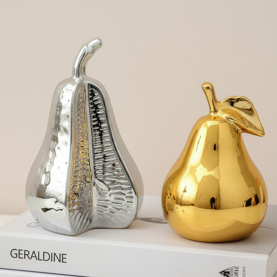 Gold ceramic pear sculpture decorative fruit figurine for home décor centerpiece