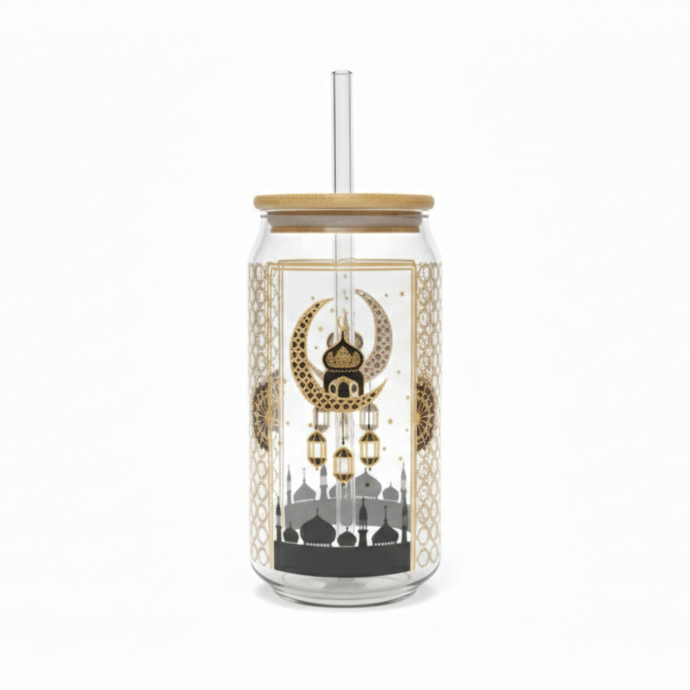 Ramzan Themed Glass Tumbler with Bamboo Lid & Straw
