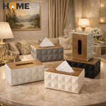 Geometric Textured Tissue Box with Wooden Lid – Luxury Decorative Tissue Holder