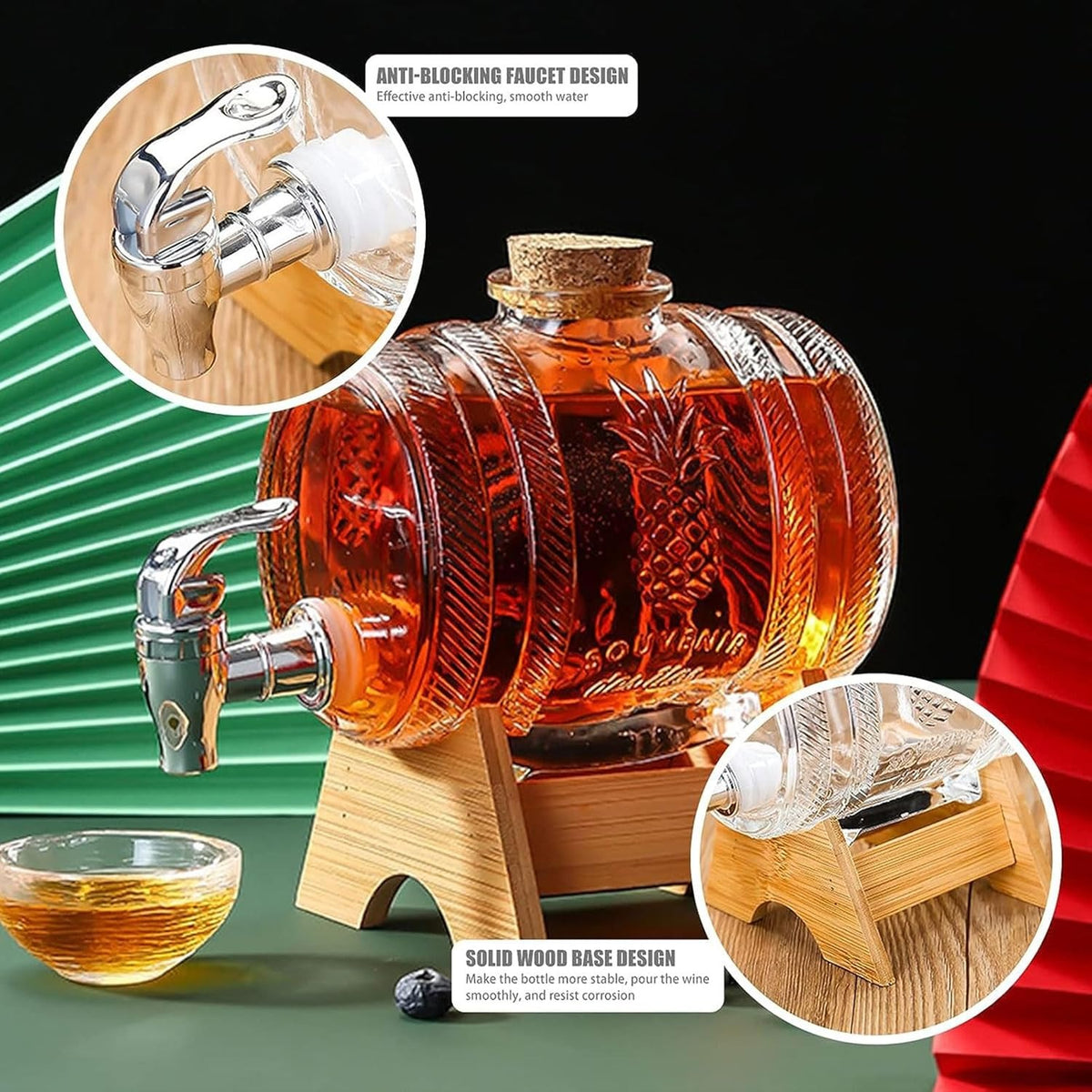 Glass Barrel Water & Juice Dispenser with Wooden Stand & Tap – 3 L & 5 L