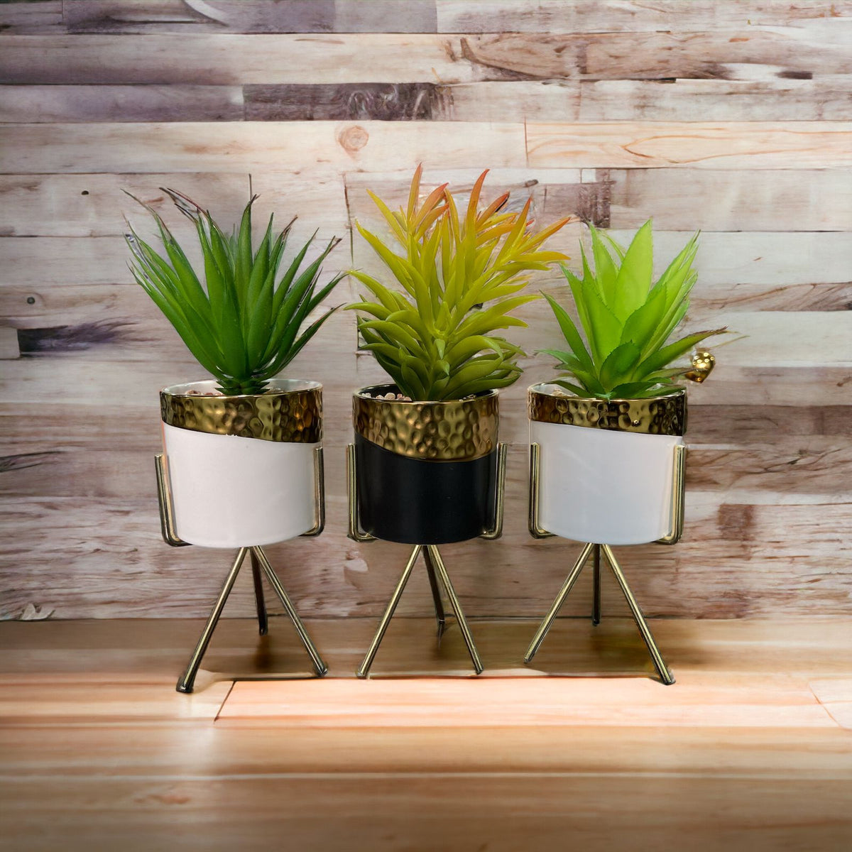 Gold Accent Flower Pot With Plant & Stand - Home Hatch
