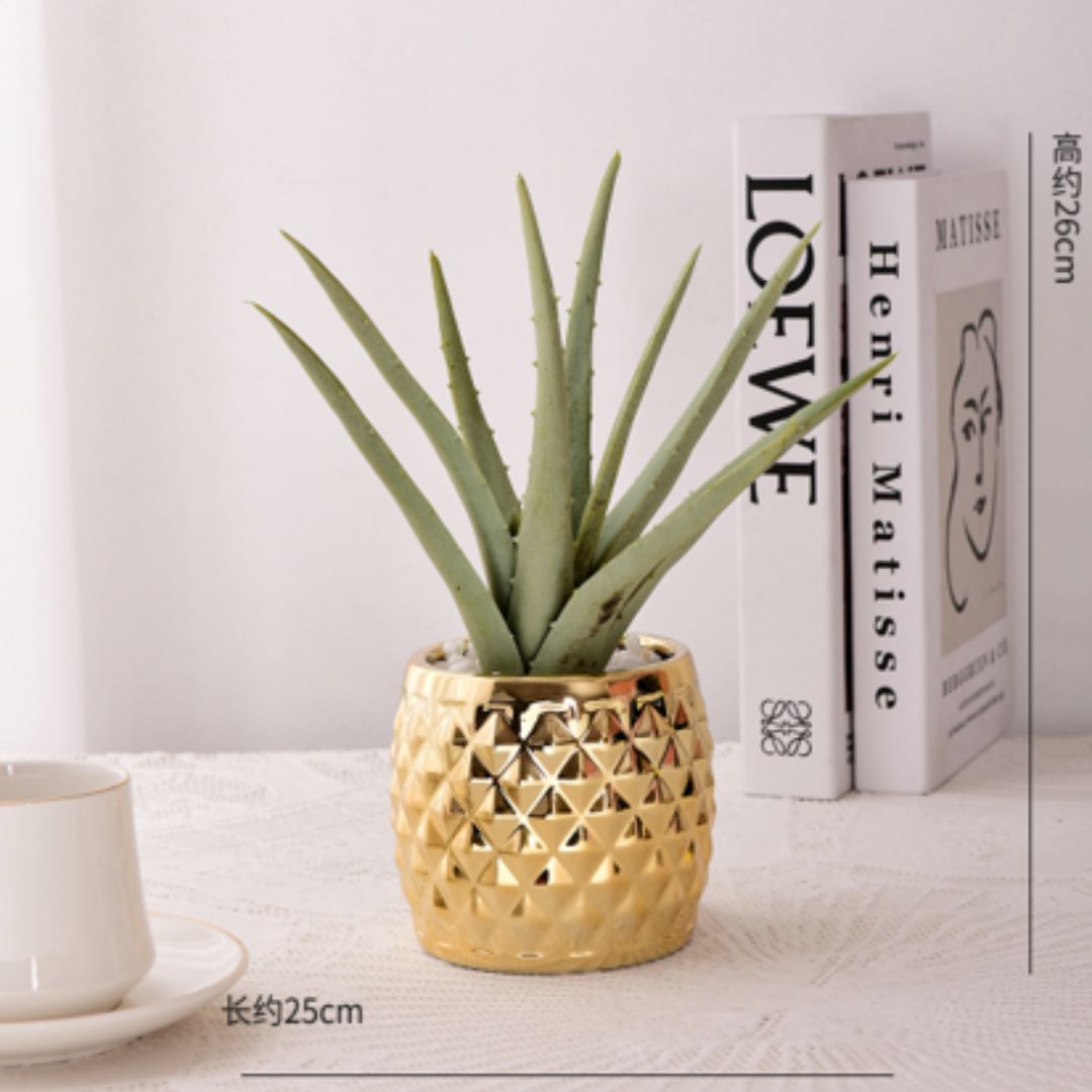 Radiant Golden Ceramic Flower Pot With Cactus Plant