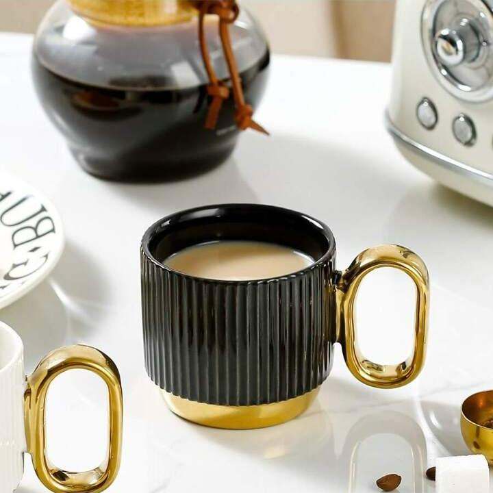 Nordic Gold Handle Black Lines Ceramic Coffee Cup