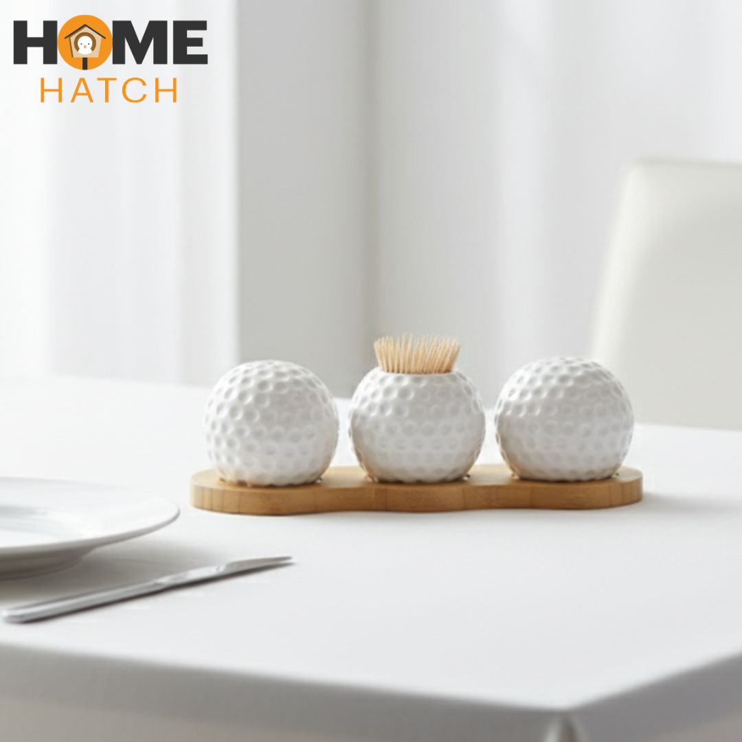 Golf Ball Ceramic & Salt and Pepper Shaker And Toothpicks Holder Set with Bamboo Tray