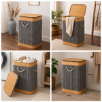 Four-panel collage showing a rectangular laundry hamper in a real indoor room. The hamper has a ribbed dark gray fabric body, light natural wood top and base, and rope-style handles.