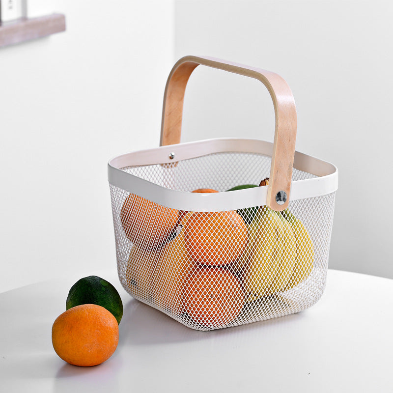 Square Mesh Metal Storage Fruit Basket With Wood Handle