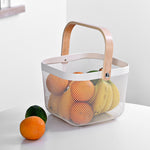 Square Mesh Metal Storage Fruit Basket With Wood Handle