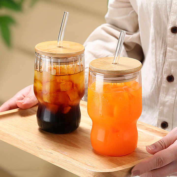 Ripple And Plain Transparent Drinking Glass Tumbler with Bamboo Lid And Glass Straw