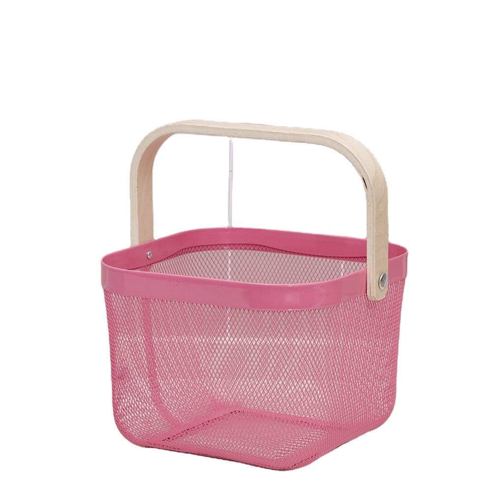 Square Mesh Metal Storage Fruit Basket With Wood Handle