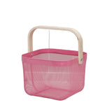 Square Mesh Metal Storage Fruit Basket With Wood Handle