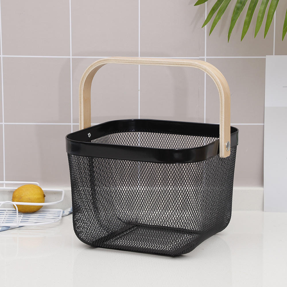 Square Mesh Metal Storage Fruit Basket With Wood Handle