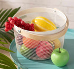 Round Mesh Metal Storage Fruit Basket With Wood Handle