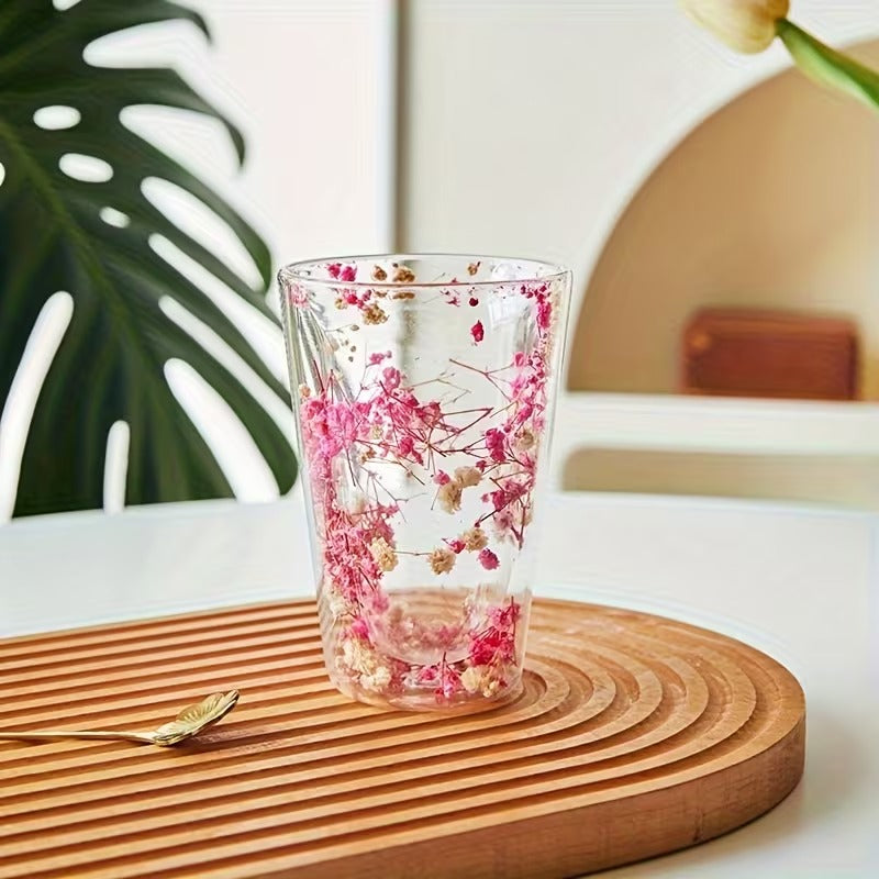 High borosilicate double-layer glass cup with dried flowers 350 ml – Home Hatch Pakistan