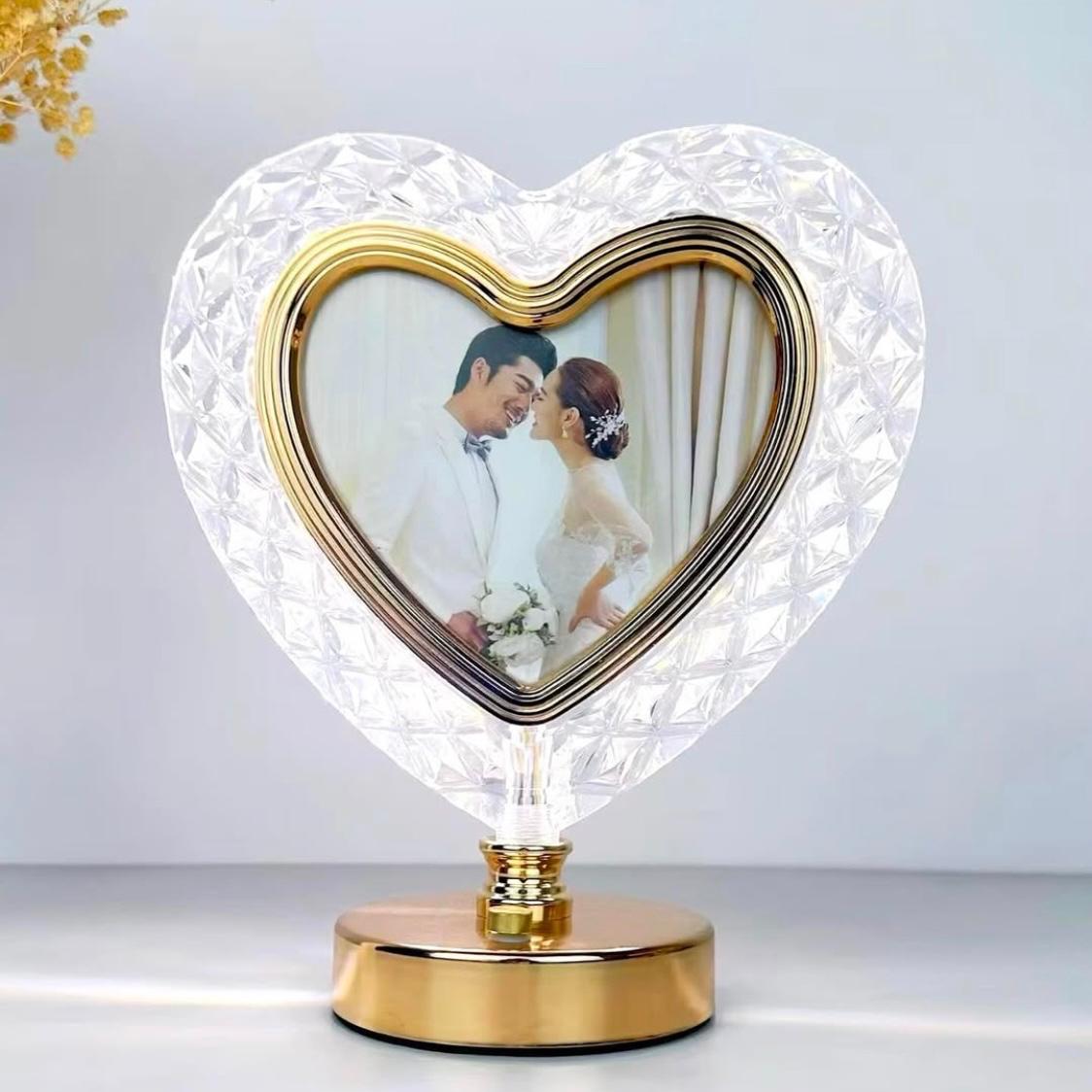 Led Rotate Photo Frame LED Crystal Heart Shaped Rotating Photo Frame Lamp | Touch Dimming Bed