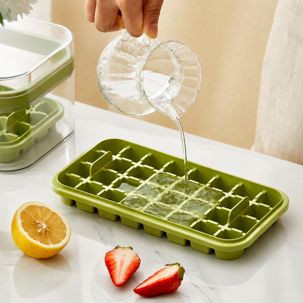 ice cube storage boxice cube tray with storage boxice maker containerice storage container with lidice cube box with scoopice tray with scoopfreezer ice storage boxice cube maker boxice tray container Pakistanice cube storage box PakistanIce cube storage box with single ice cube tray, scoop and lid for making, storing and serving ice cubes in the freezer.