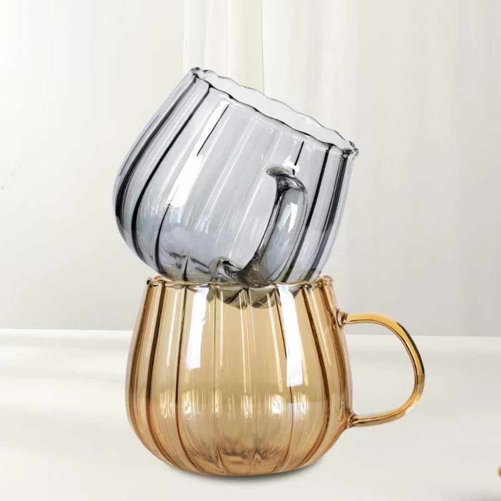 Japanese Pumpkin Glass Mug 350ml Pakistan – High Borosilicate Coffee Cup for Hot & Cold Drinks with Ribbed Pumpkin Design
