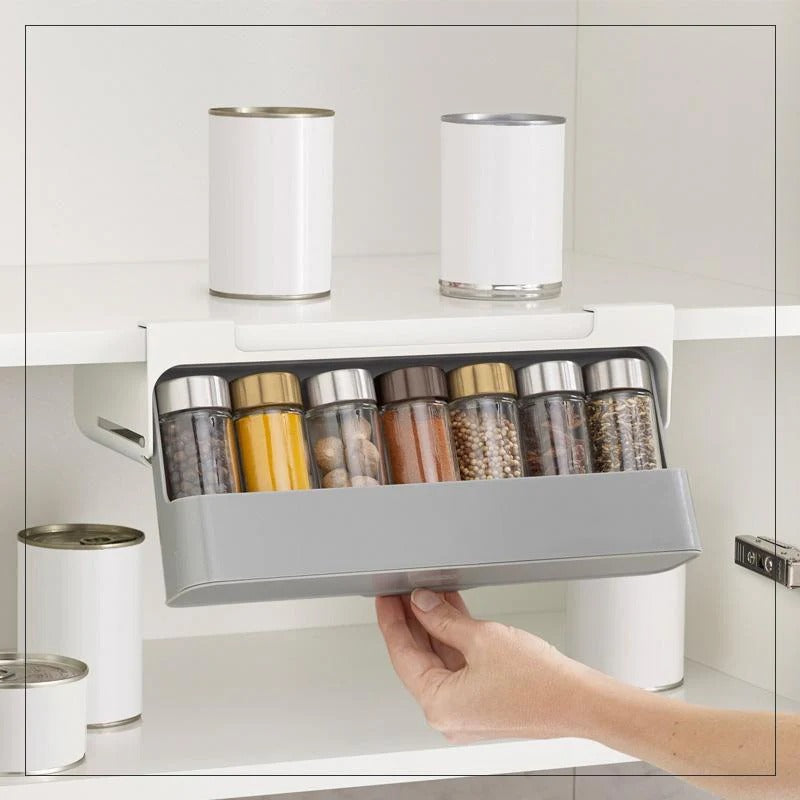 Under-shelf drawer spice rack – kitchen seasoning bottle organizer with sliding design