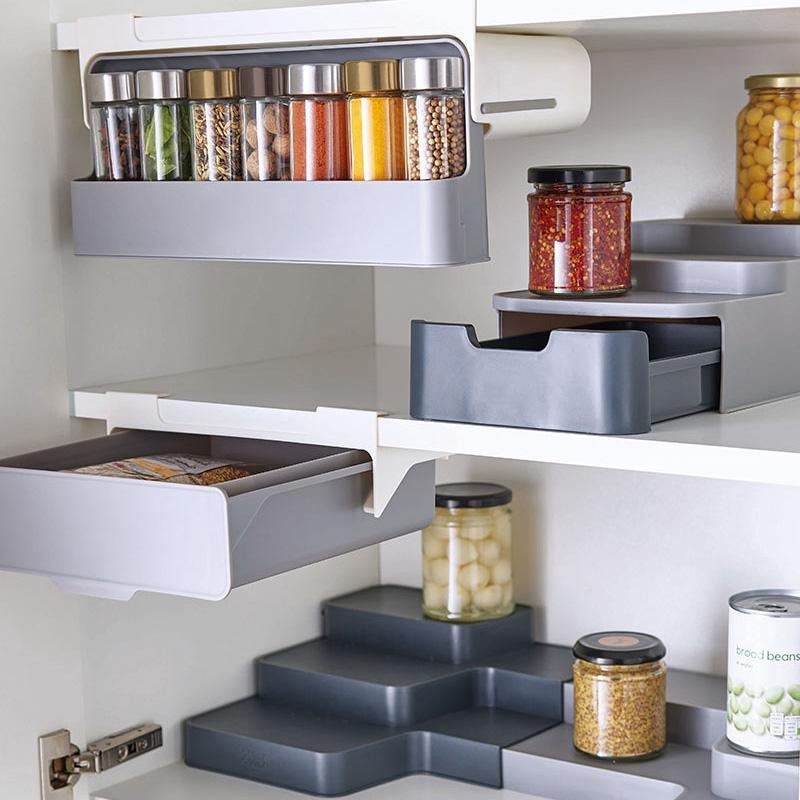 Kitchen under-shelf spice rack with 6 seasoning bottles – space saving organizer in Pakistan