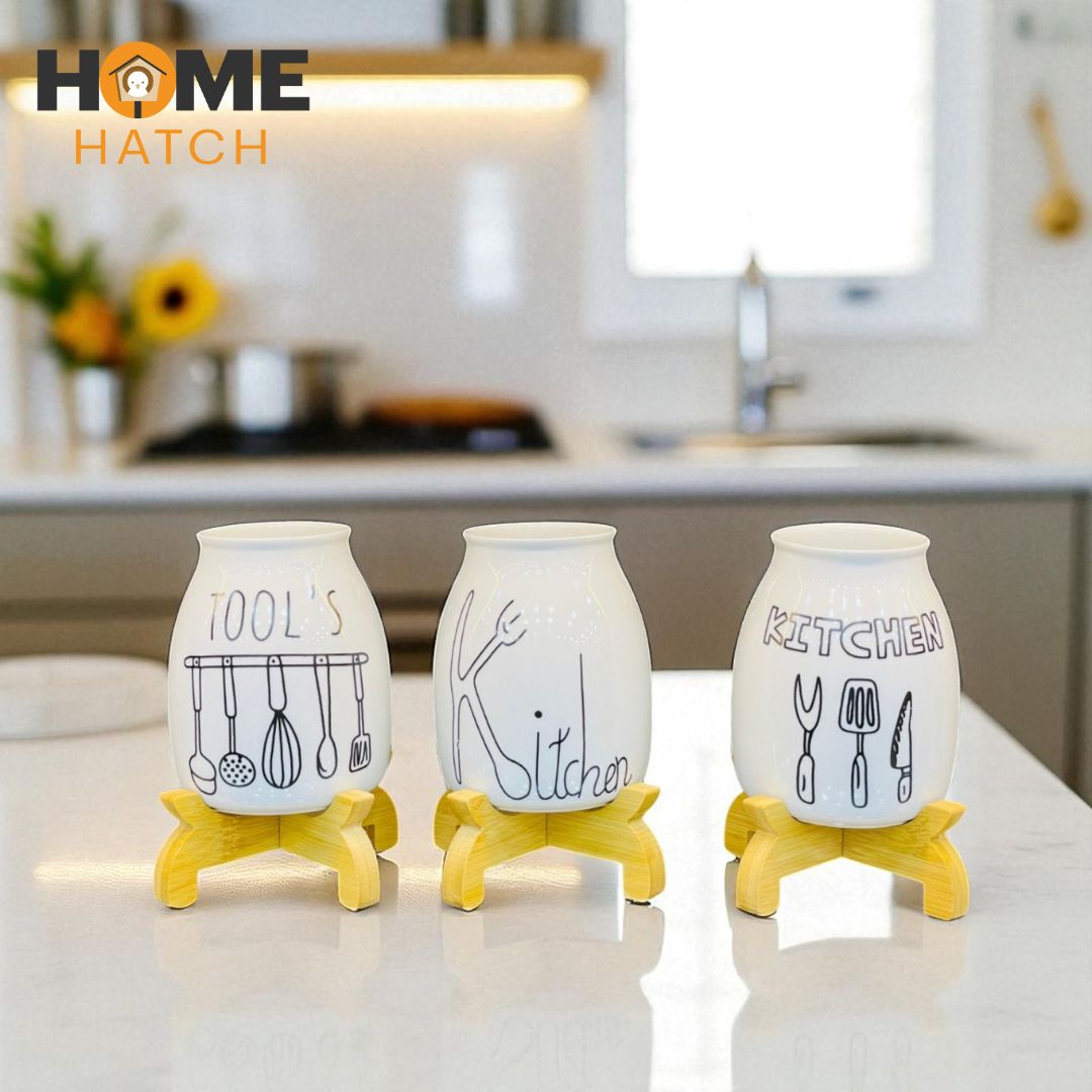 Kitchen Utensil Ceramic Holders with Bamboo Stand