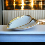 Leaf Ceramic White Tray with Gold Accent