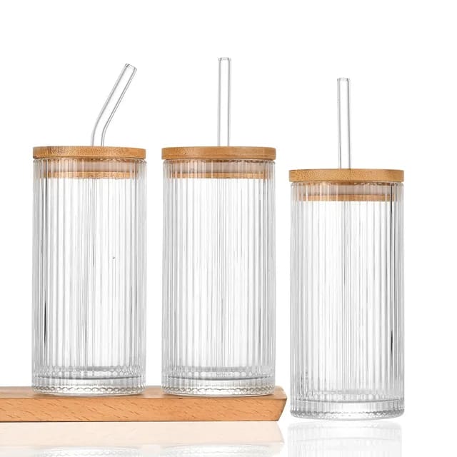 Transparent Glass Line Lined Transparent Drinking Glass Tumbler with Bamboo Lid And Glass Str