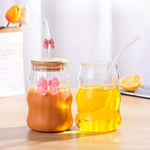 Lined Bow Transparent Drinking Glass Tumbler Pakistan – 450ml Glass Cup with Bamboo Lid & Reusable Glass Straw for Iced Coffee, Smoothies & Juices