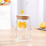 Lined Bow Transparent Drinking Glass Tumbler Pakistan – 450ml Glass Cup with Bamboo Lid & Reusable Glass Straw for Iced Coffee, Smoothies & Juices