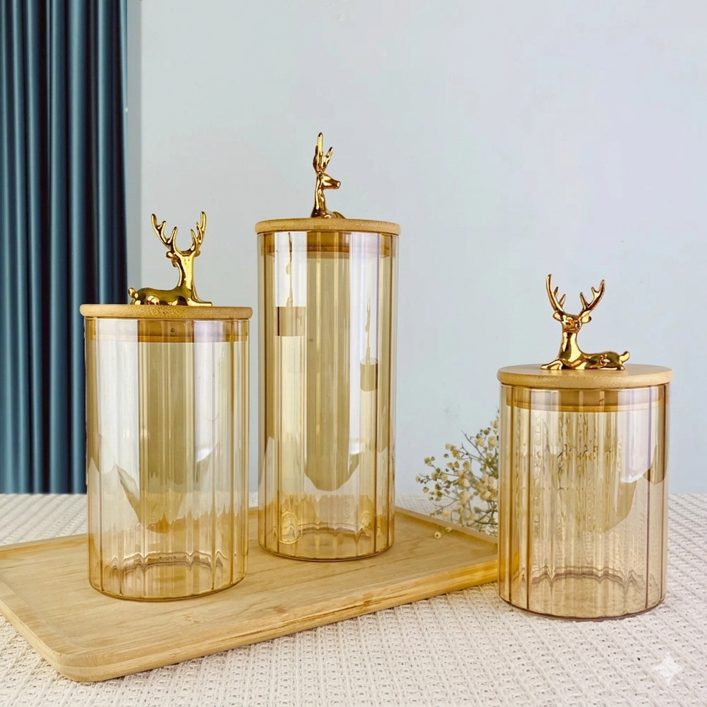 luxury 3 piece storage jar set with wooden lids deer head designHome Hatch Pakistan