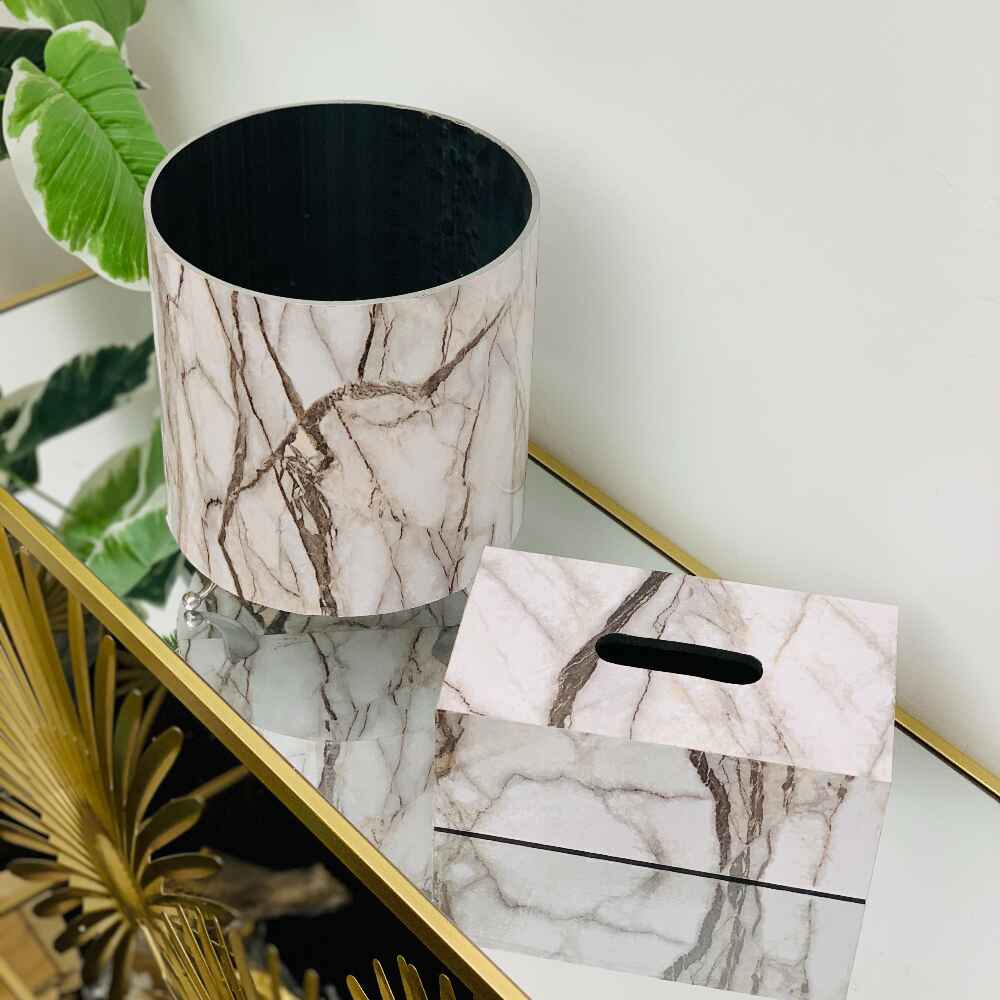 Marble Pattern Tissue Box & DustBin Set