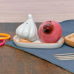 Garlic & Onion Condiment Shaker Set – Ceramic Salt & Pepper Shakers with Tray