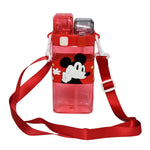Leak Proof Kid’s Cartoon Square Water Bottle with Double Silicone Straws Lid and Fabric Strap