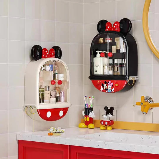 Minnie Mouse Wall-Mounted Bathroom Organizer by Home Hatch – PinkCute Minnie Mouse bathroom storage shelf with sliding doorsHome Hatch Minnie Mouse organizer for skincare and makeupKids’ bathroom wall-mounted storage with Minnie Mouse design