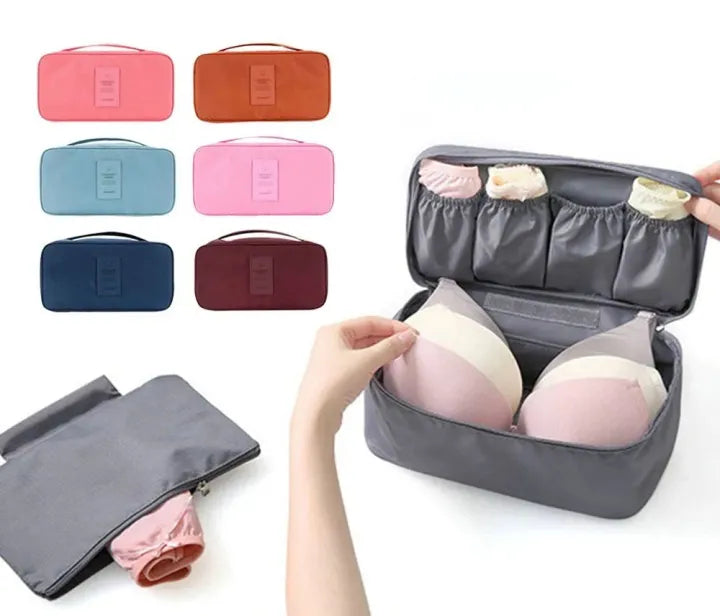 Multi-compartment travel undergarment organizer bag with elastic pockets and zippered sections by Home Hatch