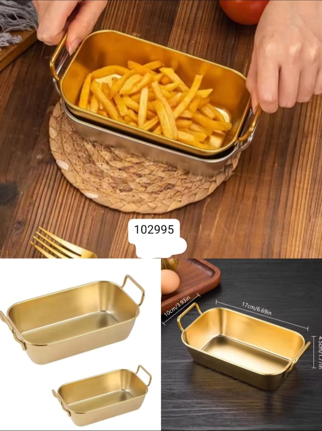 Multi-Purpose Golden Stainless Steel Rectangular Food Basket with Double Handles