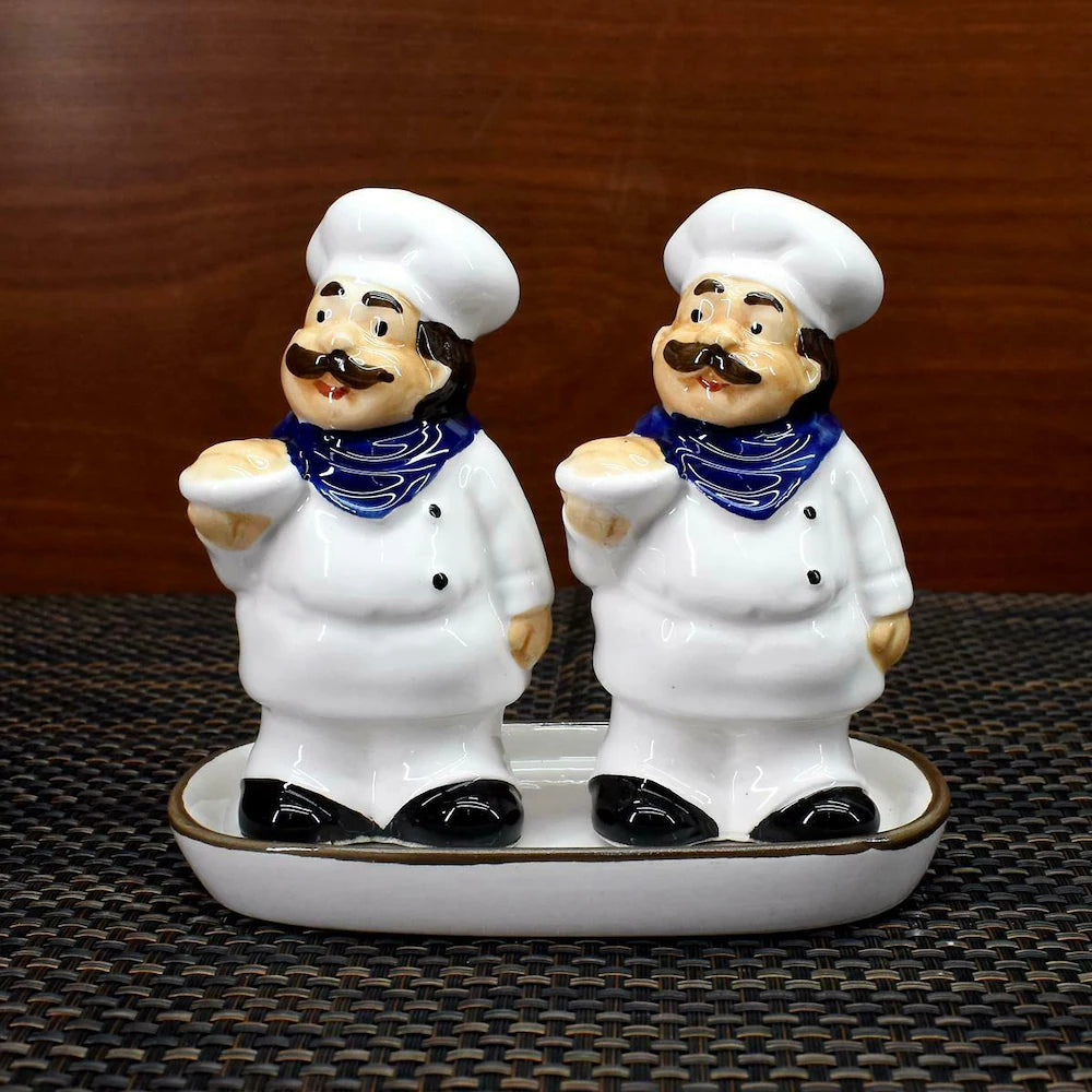 Chef Duo Ceramic Salt & Pepper Shaker Set with Tray Pakistan – Decorative Glazed Tableware for Dining & Kitchen Décor