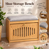 Bamboo Shoe Storage Bench with Grey Cushioned Seat – Slatted Cabinet Entryway Shoe Organizer