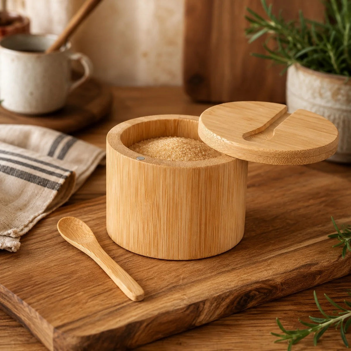 Natural bamboo sugar bowl with small spoon and magnetic swivel lid for storing sugar, salt, spices and kitchen seasonings.bamboo sugar bowlsugar bowl with spoonbamboo sugar bowl with lidmagnetic lid sugar bowlwooden sugar containerbamboo spice containersugar storage containersalt and spice containerbamboo kitchen organizerbamboo sugar bowl Pakistan