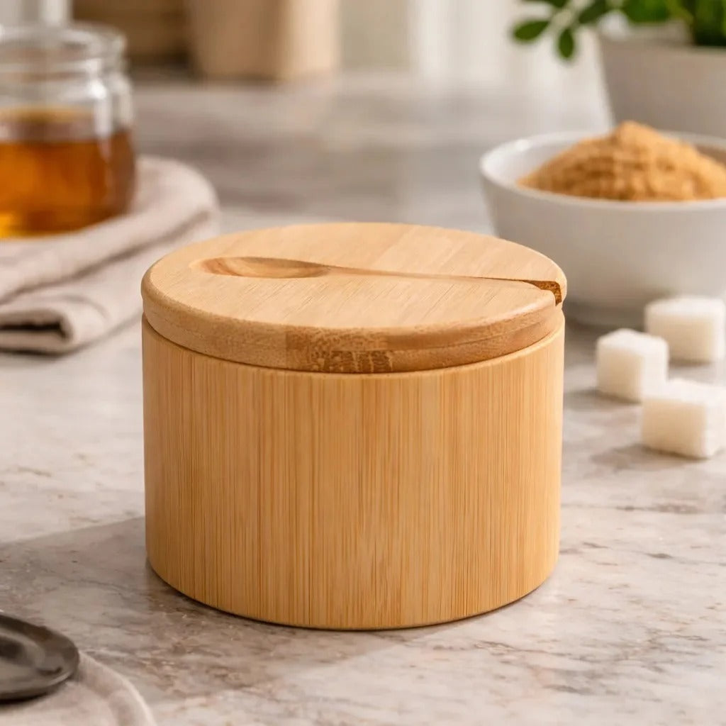 Natural bamboo sugar bowl with small spoon and magnetic swivel lid for storing sugar, salt, spices and kitchen seasonings.bamboo sugar bowlsugar bowl with spoonbamboo sugar bowl with lidmagnetic lid sugar bowlwooden sugar containerbamboo spice containersugar storage containersalt and spice containerbamboo kitchen organizerbamboo sugar bowl Pakistan