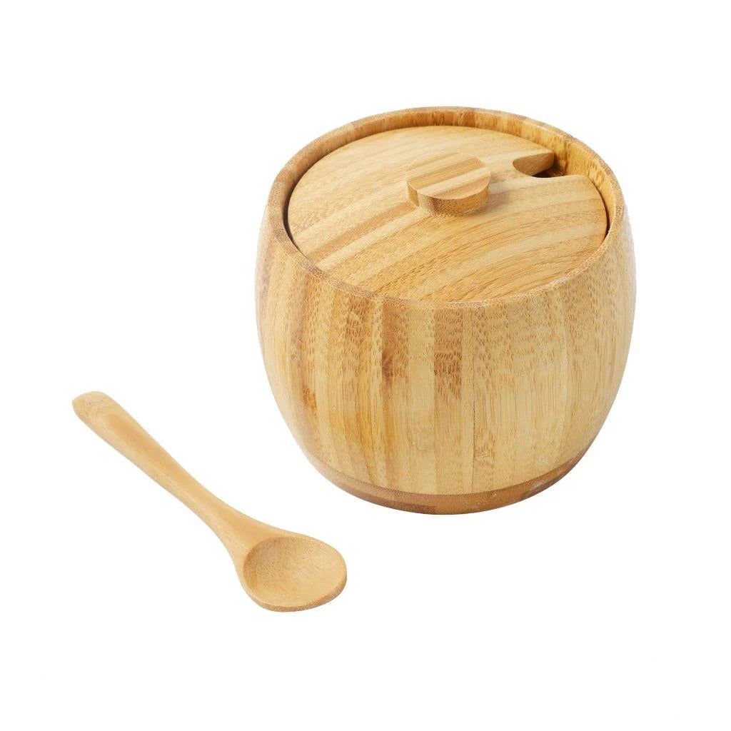 Natural bamboo sugar pot with matching lid and spoon for storing sugar, salt, spices and seasonings on kitchen counters and dining tables.bamboo sugar potbamboo sugar bowlsugar bowl with lid and spoonwooden sugar bowlbamboo sugar containerwooden spice containersugar storage containerbamboo salt containerbamboo kitchen storagebamboo sugar pot Pakistan