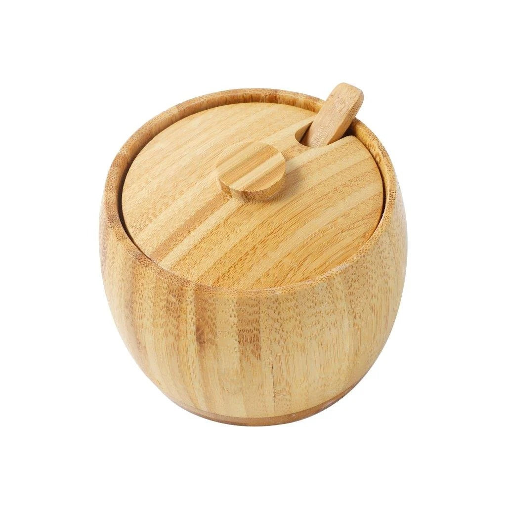 Natural bamboo sugar pot with matching lid and spoon for storing sugar, salt, spices and seasonings on kitchen counters and dining tables.bamboo sugar potbamboo sugar bowlsugar bowl with lid and spoonwooden sugar bowlbamboo sugar containerwooden spice containersugar storage containerbamboo salt containerbamboo kitchen storagebamboo sugar pot Pakistan
