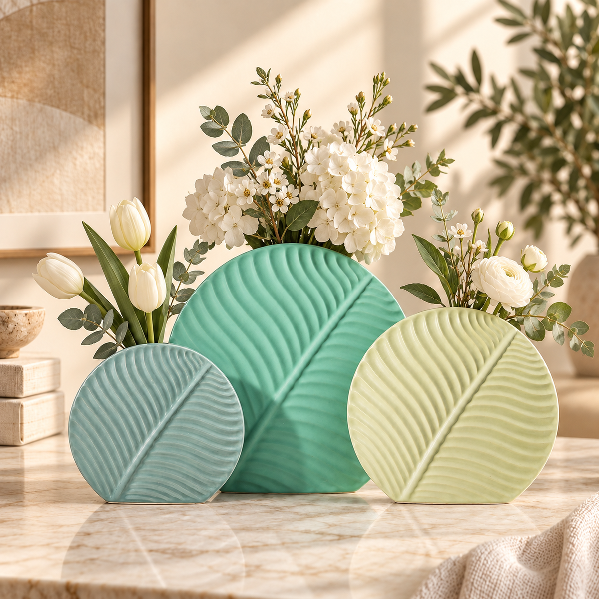 Set of 2 & 3 Nordic leaf-shaped ribbed ceramic decorative flower vases for modern living room, console table and home décor. Nordic ceramic vasesleaf shaped ceramic vaseset of 3 ceramic vasesmodern decorative vasesribbed ceramic vaseflower vase setliving room decorative vaseceramic vase for home decormodern home decor vasedecorative vases Pakistan