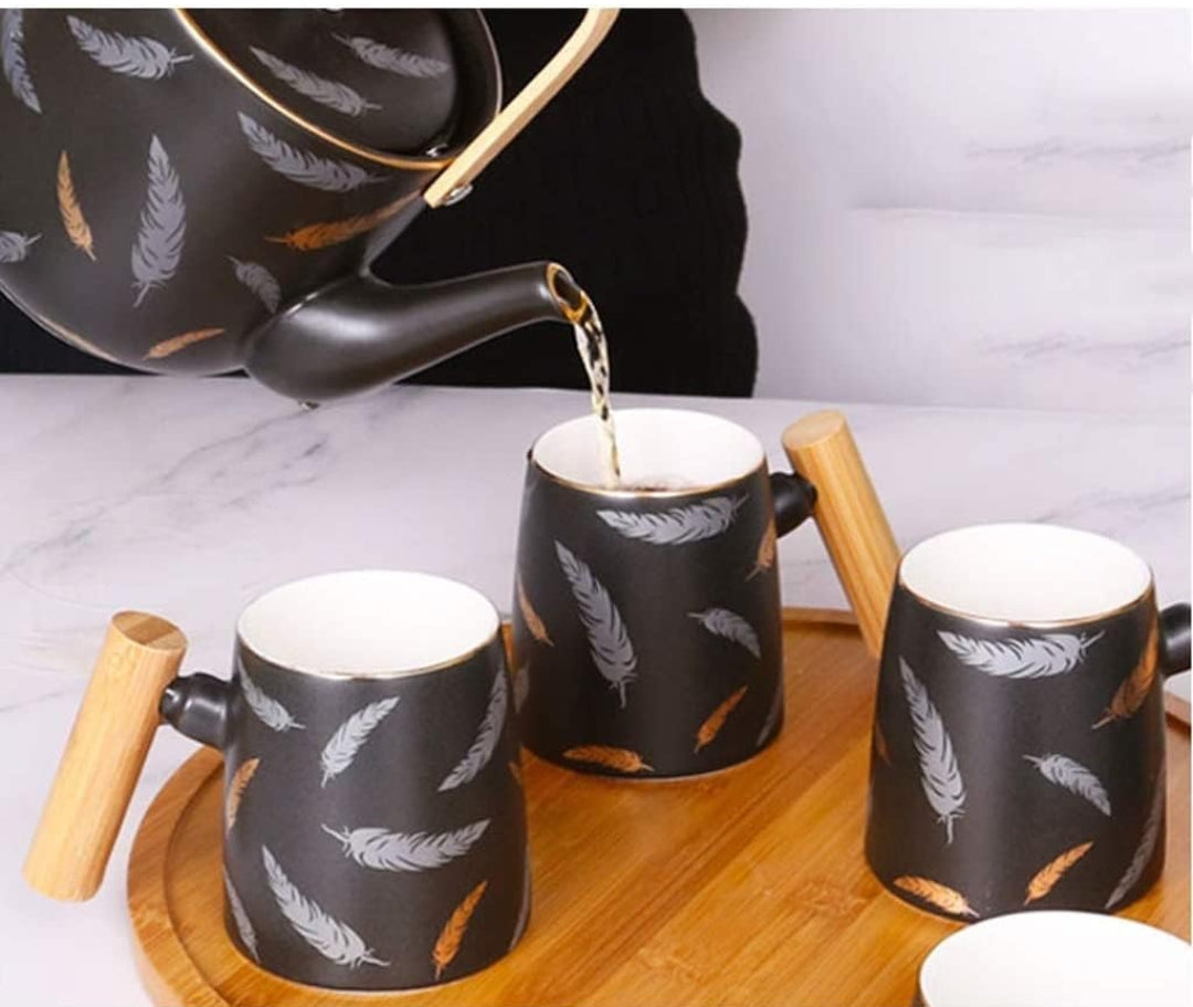 Nordic Style Feather Design Luxury Porcelain Tea Set With Tray - 9 Pcs